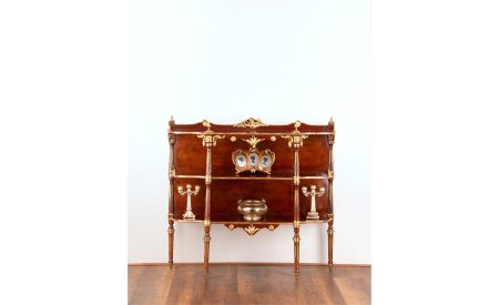 Handcrafted étagère with marquetry and copper